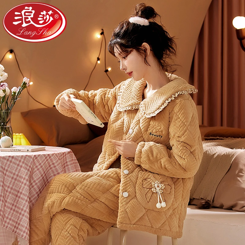 浪莎睡衣女秋冬季爆款三层夹棉加厚加绒外穿家居服套装XEQN3355棕