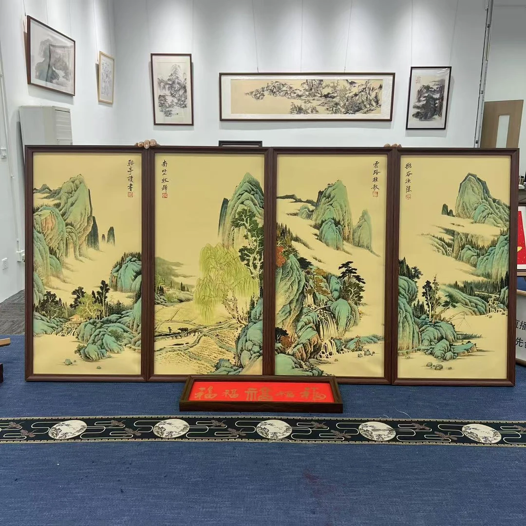 36*69竖幅渔樵耕读+17*43书法五福临门金色/周作光（带框）