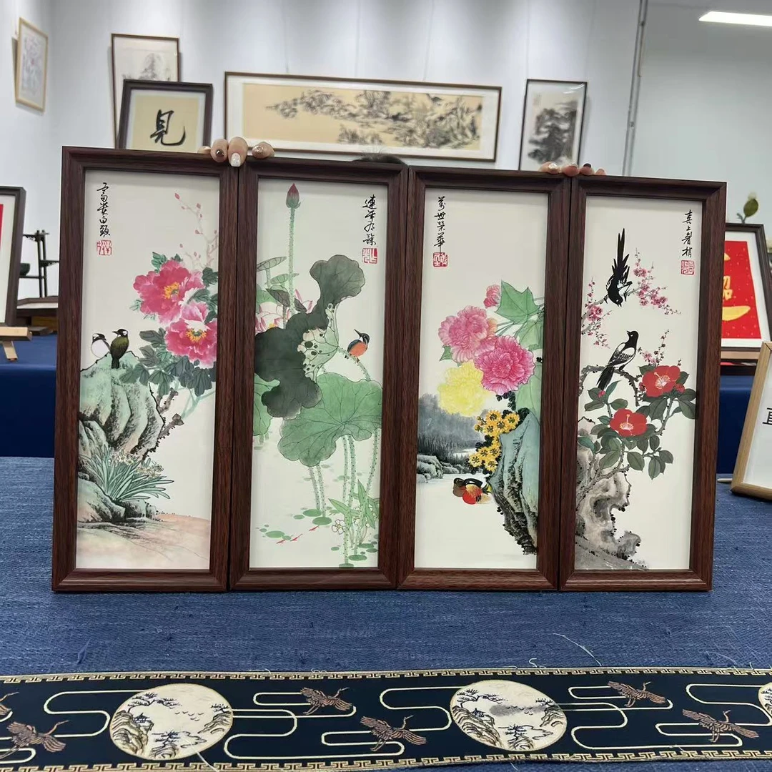 17*43竖幅/花鸟四季喜鹊/周作光（带框）