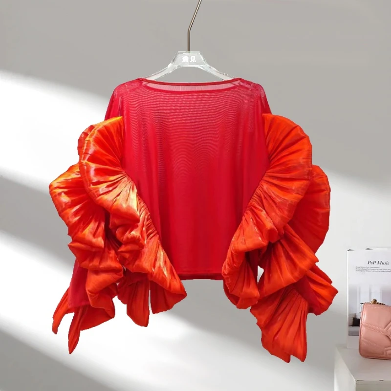 新款轻奢潮牌精致时尚气质圆领荷叶边宽松长袖衬衫女不规则上衣女