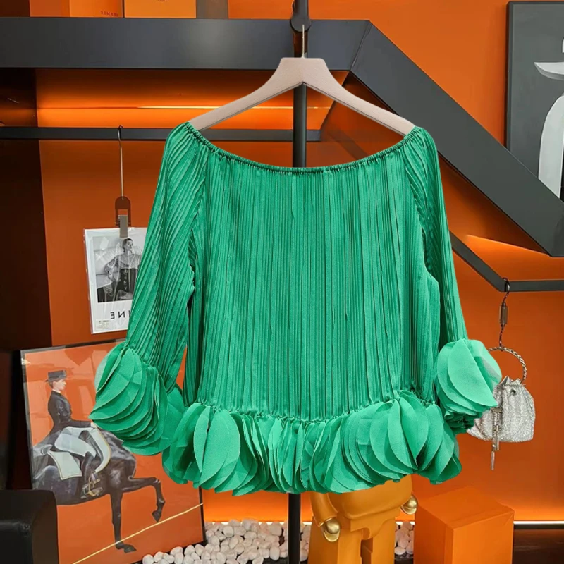 设计感一字肩露肩百褶泡泡袖显瘦洋气T恤女欧洲站夏季新款简约