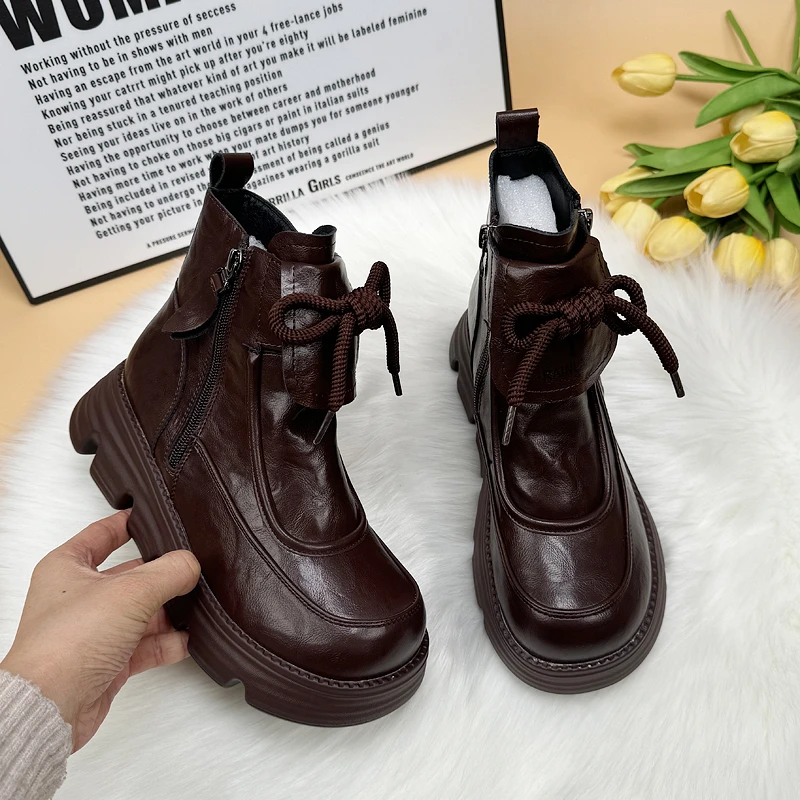 松糕厚底马丁靴女2024冬季新款英伦风加绒保暖皮面复古短靴大码41