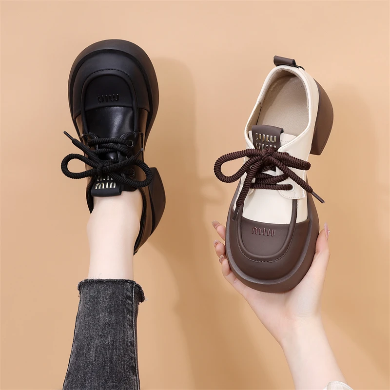 真皮厚底乐福鞋女2024新款春夏不闷脚中跟配裙子系带英伦风小皮鞋