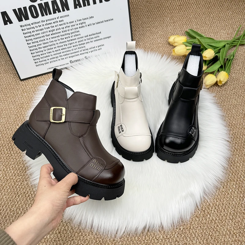 厚底切尔西短靴女款2025新款冬季增高英伦风低帮白色加绒保暖短靴