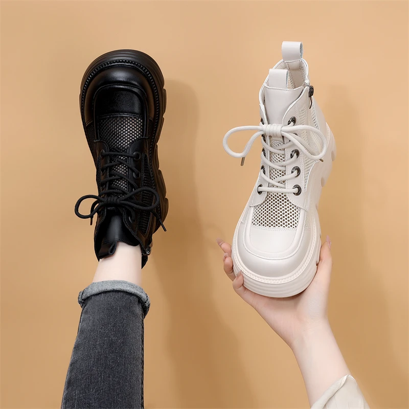 真皮网纱马丁靴女2024夏季新款英伦风厚底增高透气炸街短靴小码34