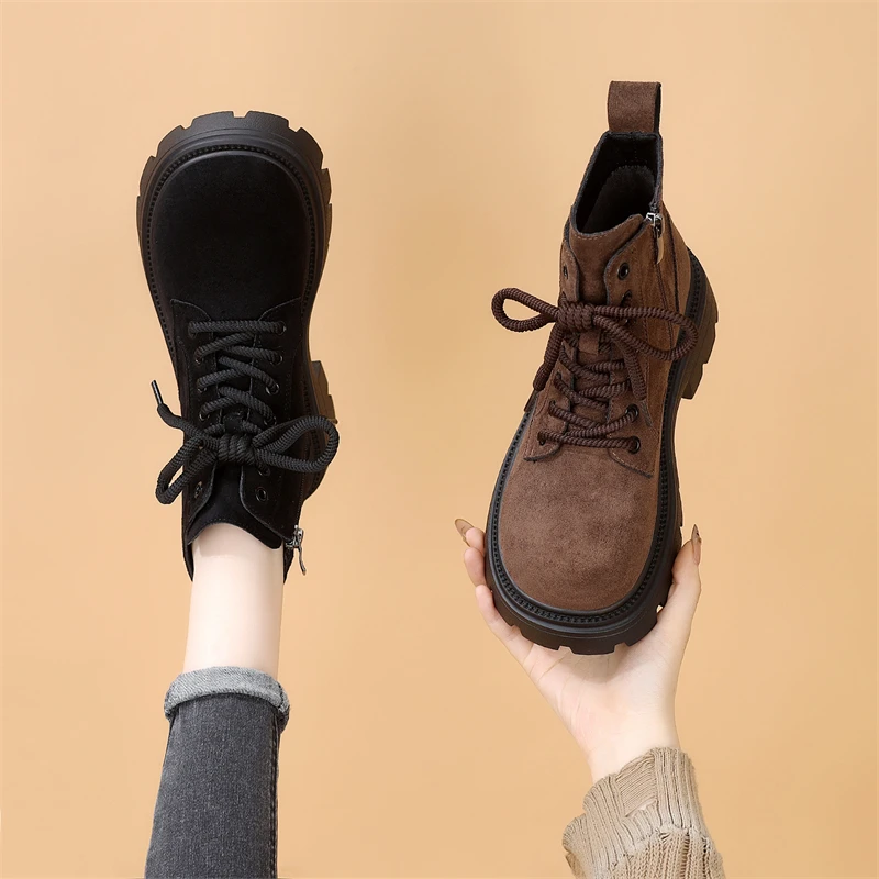 厚底系带马丁靴女款2025冬季新款时尚翻毛皮爆款增高显瘦加绒短靴