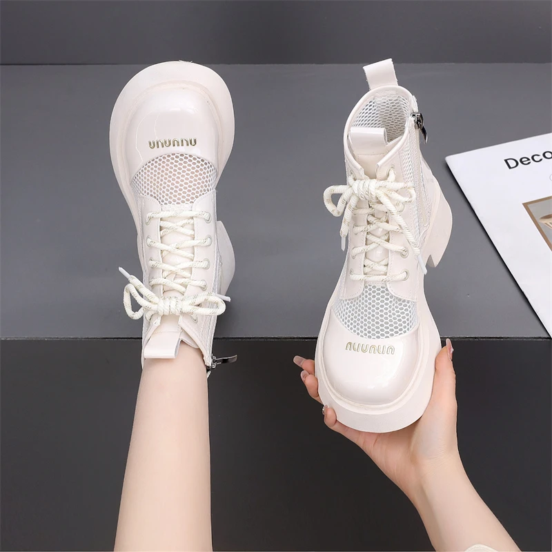 真皮白色网纱马丁靴女2024夏季新款厚底透气配裙增高短靴子小码34