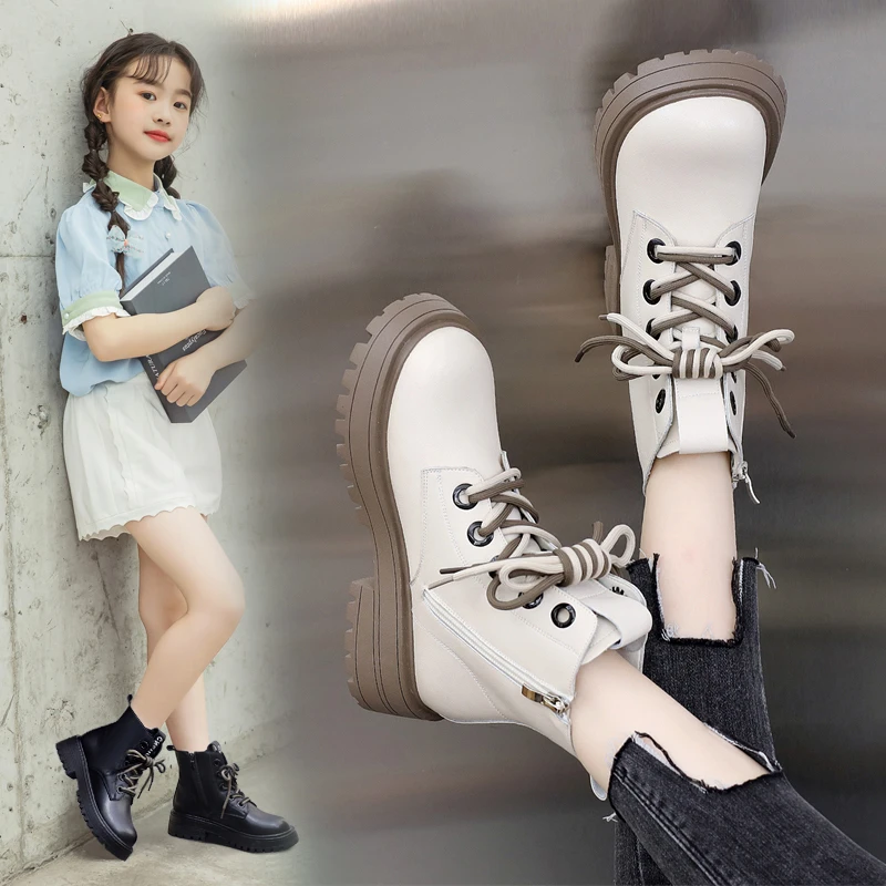 女童马丁靴2023年秋冬新款加绒保暖中大童真皮英伦风软底低筒靴子