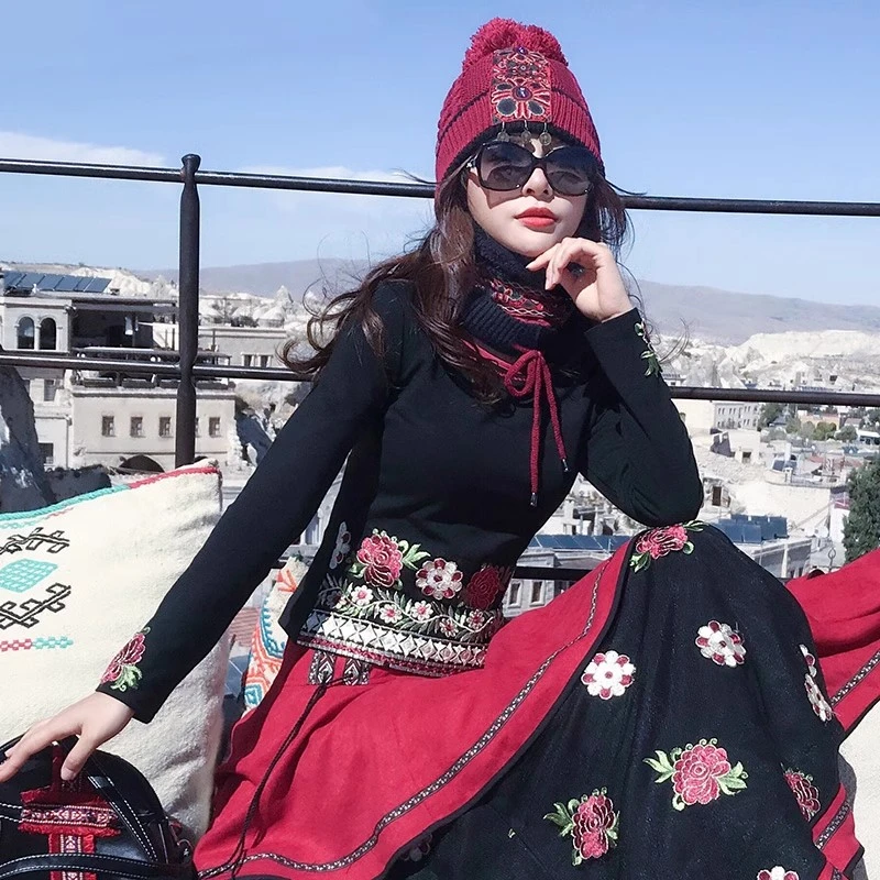 两人故事民族风绣花拼接长袖打底t恤云南少数民族青海旅行TX0310