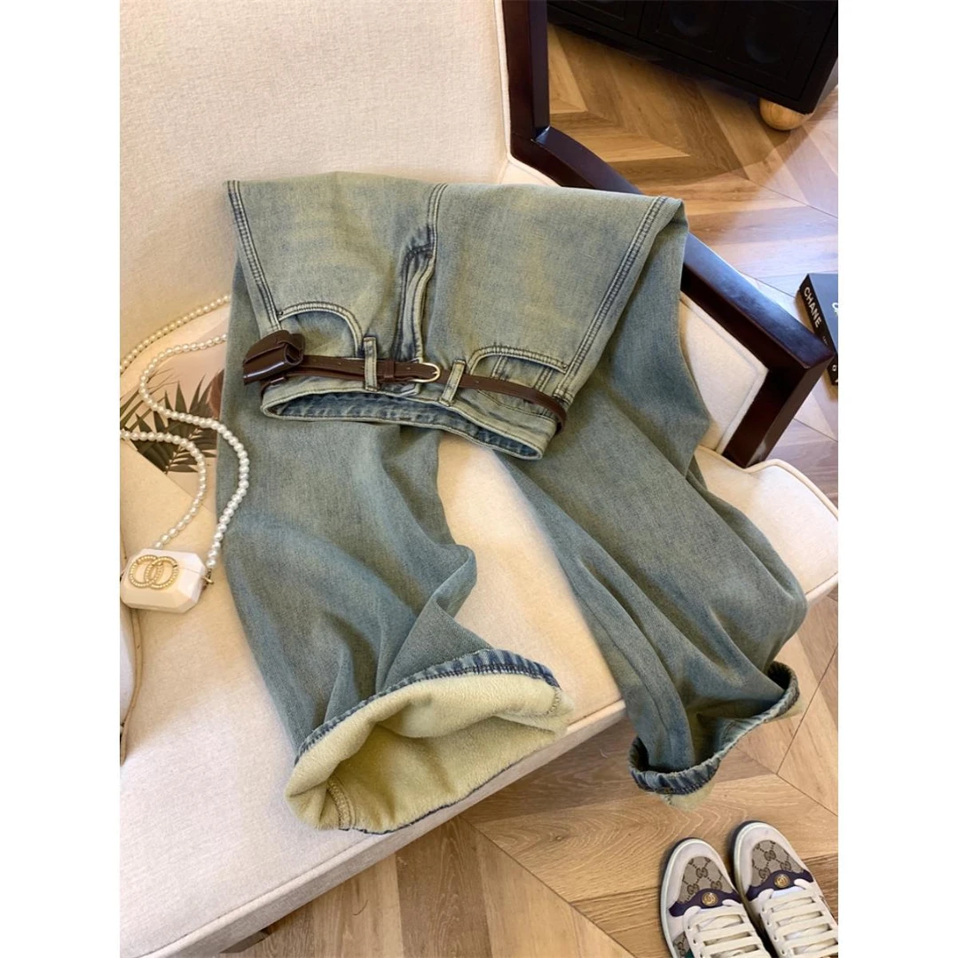 加绒加厚牛仔裤女冬季高腰宽松拖地裤显瘦水洗做旧浅蓝色直筒长裤