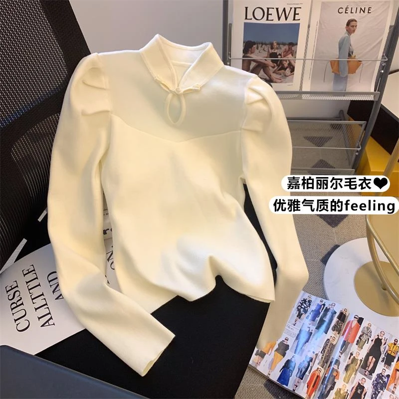 新中式立领盘扣镂空针织衫女秋冬气质显瘦正肩打底衫国风改良上衣