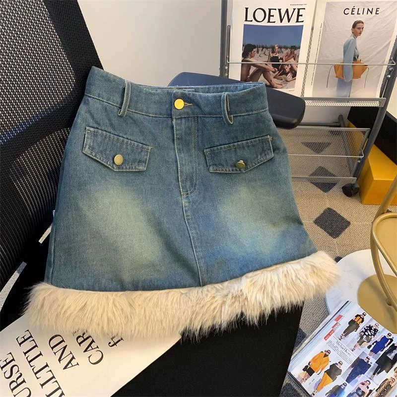 美拉德复古拼接毛毛牛仔半身裙女秋冬辣妹显瘦包臀夹棉a字短裙ins