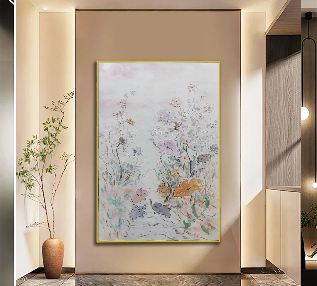 XG 599 五象迎春 现代轻奢纯客厅装饰画手工砂岩添笔画沙发墙