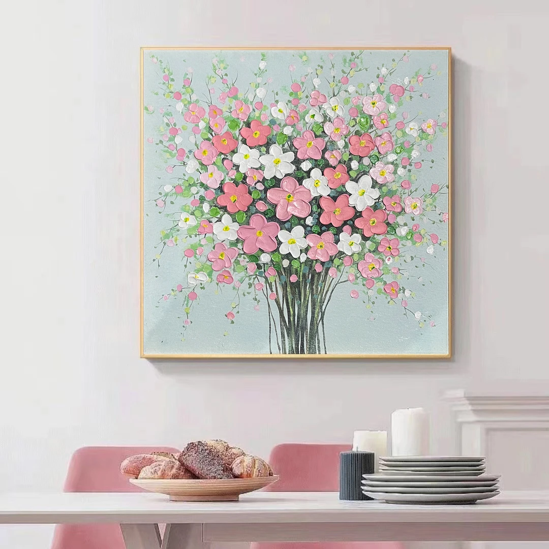 338-28《花开富贵》简约奶油风手工油画餐厅卧室玄关柜挂画