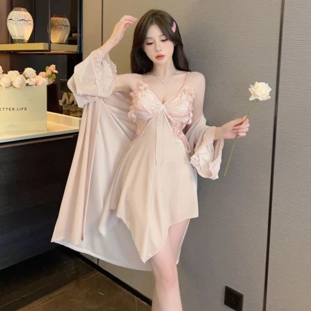 【与蝶共舞】秋冬女丝绒纯欲性感蕾丝高级吊带睡裙收腰显瘦家居服