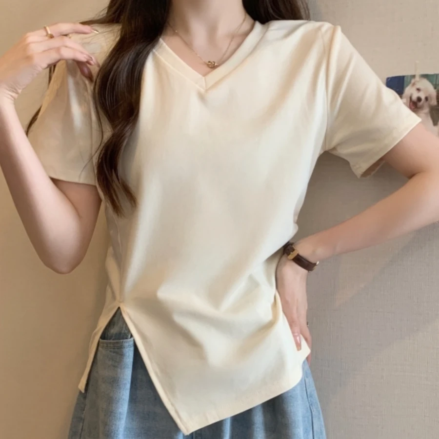 韩版纯色不规则开叉设计感V领短袖T恤女夏季显瘦气质胖MM大码上衣