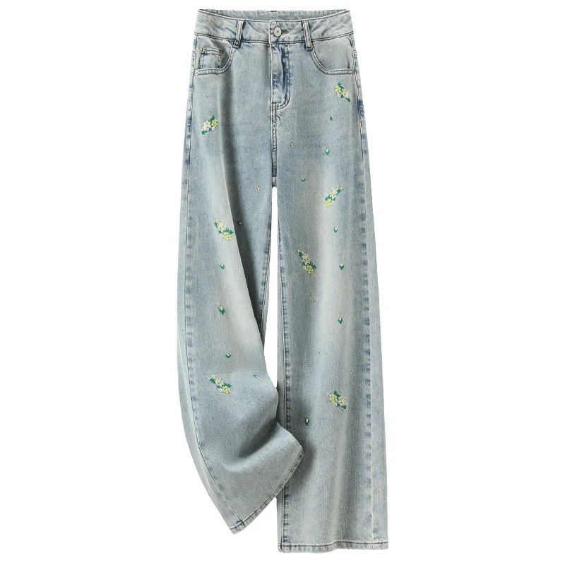 2024夏季牛仔阔腿裤新品刺绣时尚休闲百搭高腰显瘦牛仔阔腿裤女