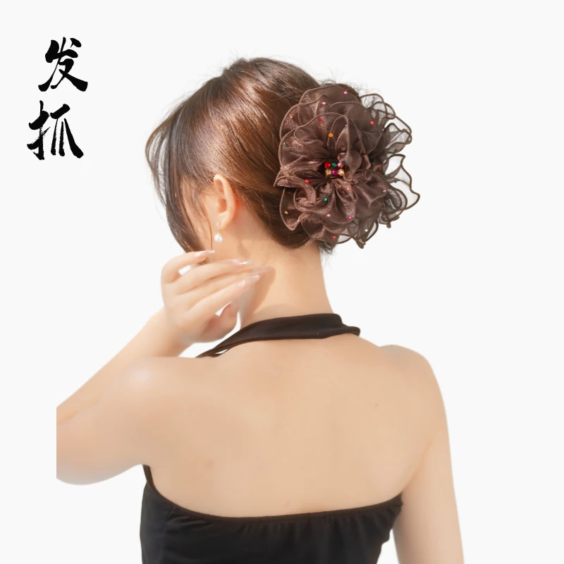 【咖色风情】经典品质手工花瓣发抓，七彩水钻闪亮装饰大号头花抓夹