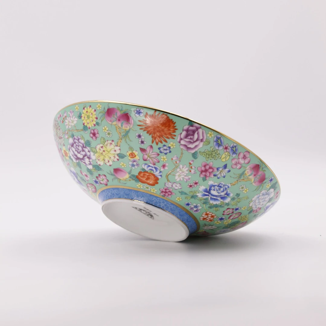 梦婧景德镇手工陶瓷翠绿万花珐琅彩八斗深盘中式家用圆盘子缠枝