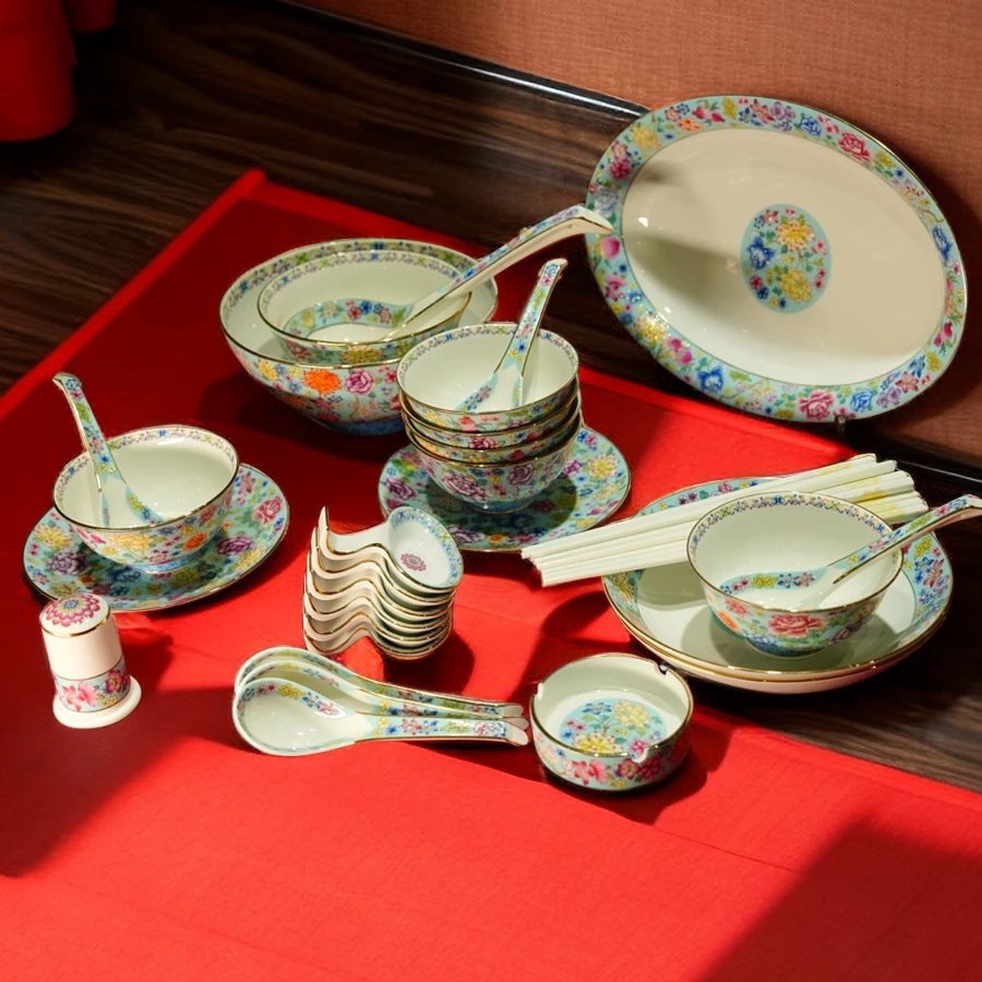 梦婧景德镇手工陶瓷浅青礼盒装餐具套组百花齐放中式家用