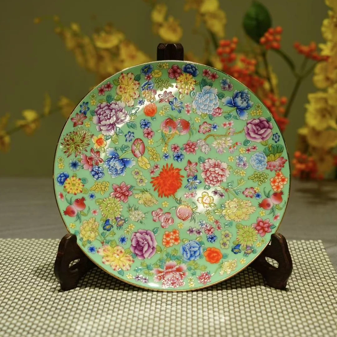 梦婧景德镇手工陶瓷7寸翠绿万花珐琅彩浅盘新中式家用小盘吐骨碟