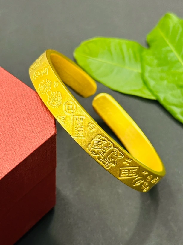 足银手镯 《星月珠宝》吉言手镯时尚复古磨砂金色古风经典手工气质