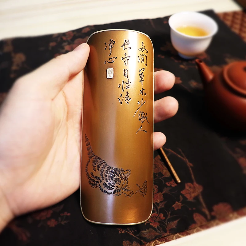 纯紫铜包银茶则999手工雕刻高端分茶器茶荷茶勺茶枕茶器具