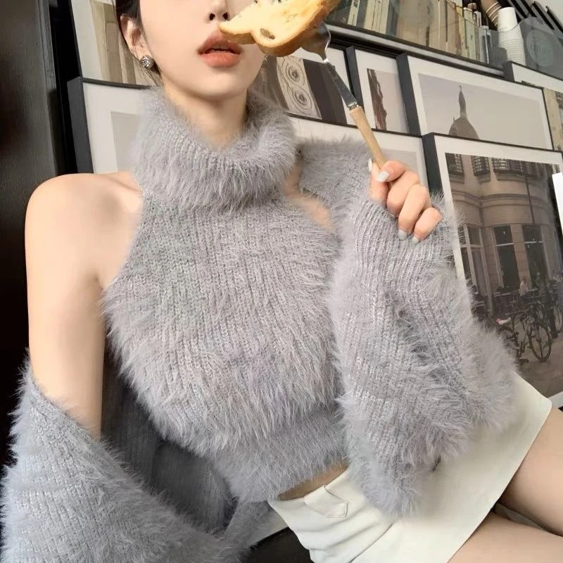 时尚百搭小个子两件套背心秋冬短款外套高领针织无袖甜辣套装女