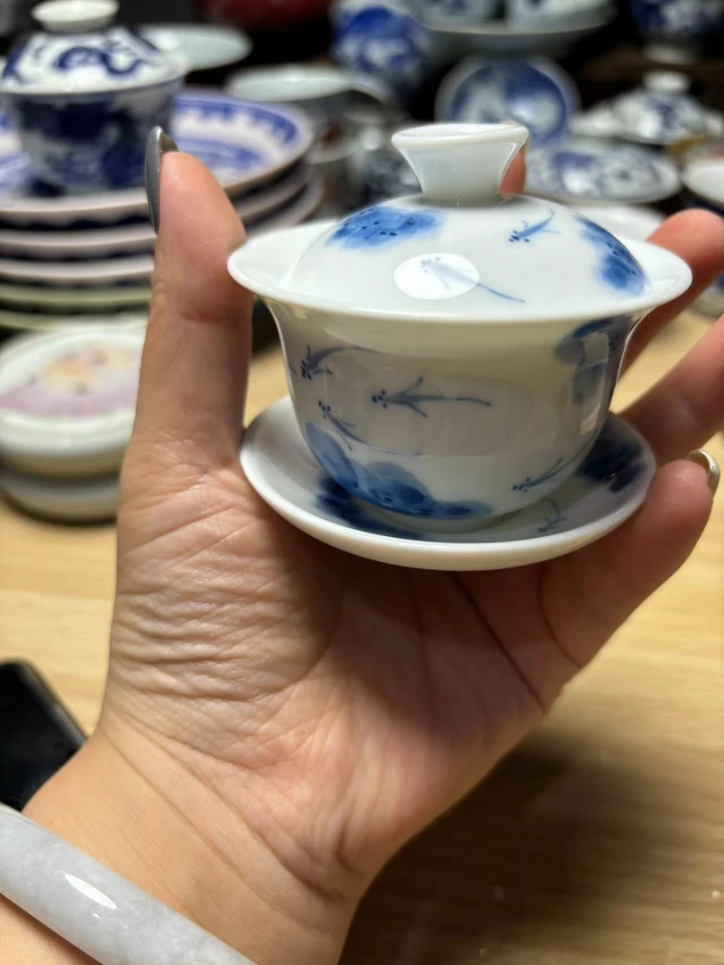 手工手绘高温潮州瓷青花三才小盖碗➕杯子（介意勿拍）