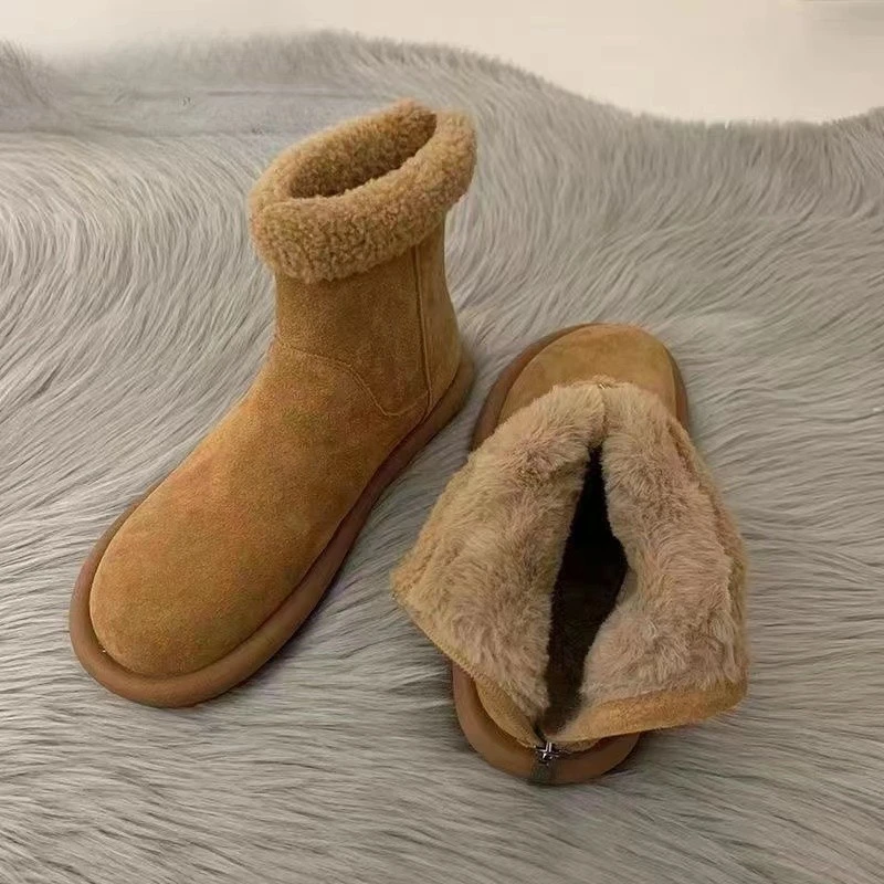 2023秋冬新款复古轻奢保暖棉鞋女高级感内里绒毛后拉链高帮雪地靴