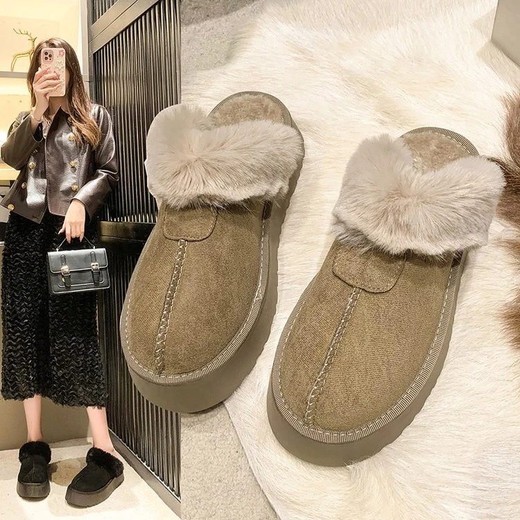毛毛厚底拖鞋女2023冬新款皮毛一体包头拖加厚加绒雪地靴舒适保暖