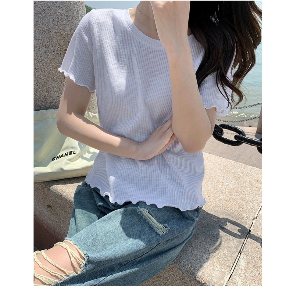 木耳边坑条正肩t恤 夏季小众不规则圆领洋气显瘦上衣