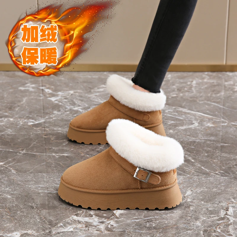 雪地靴卡其驼色厚底女士雪地靴厚底加绒棉鞋女靴