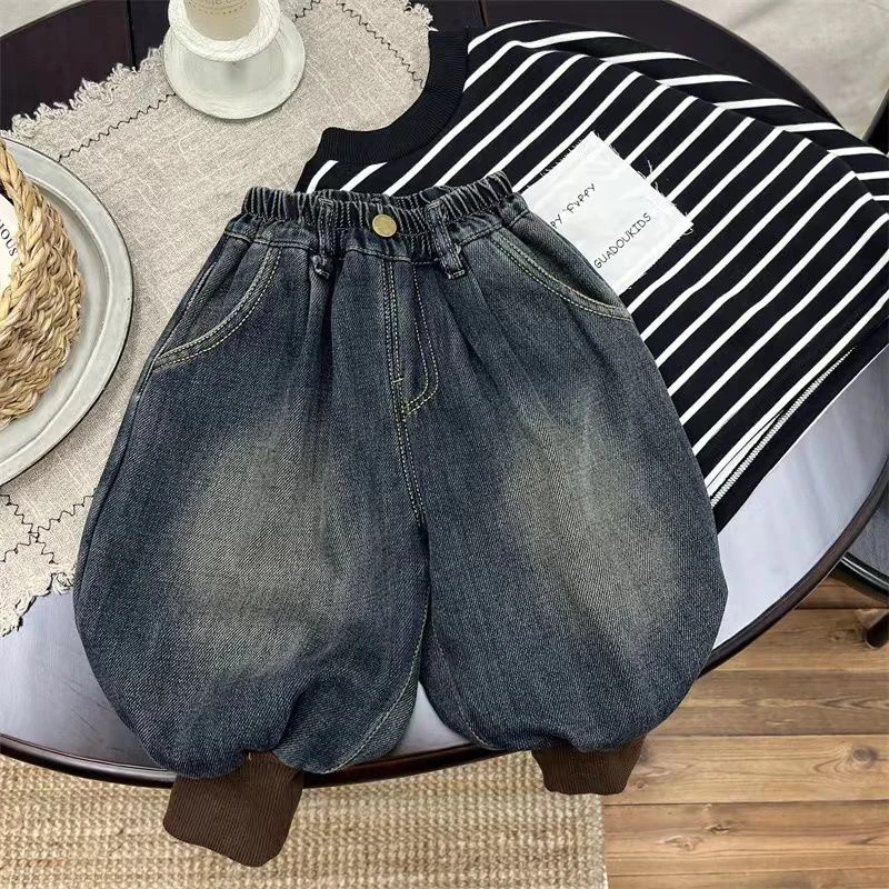 儿童牛仔裤一体绒秋冬季2024新款宝宝灯笼裤男童裤子加绒加厚棉裤