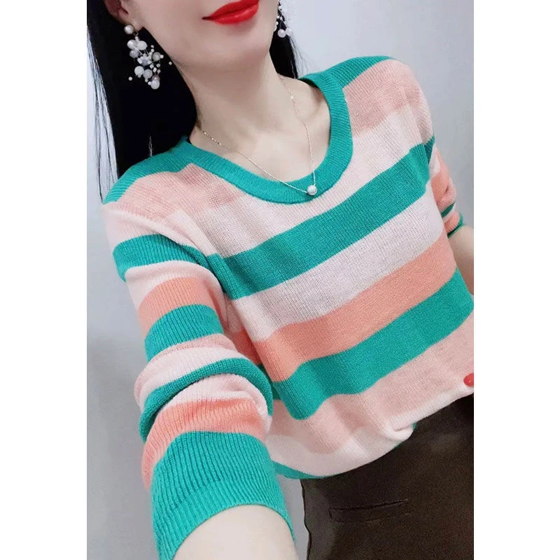 早秋薄款条纹遮肚ins彩色彩虹拼色百搭内搭宽松显瘦套头针织衫女