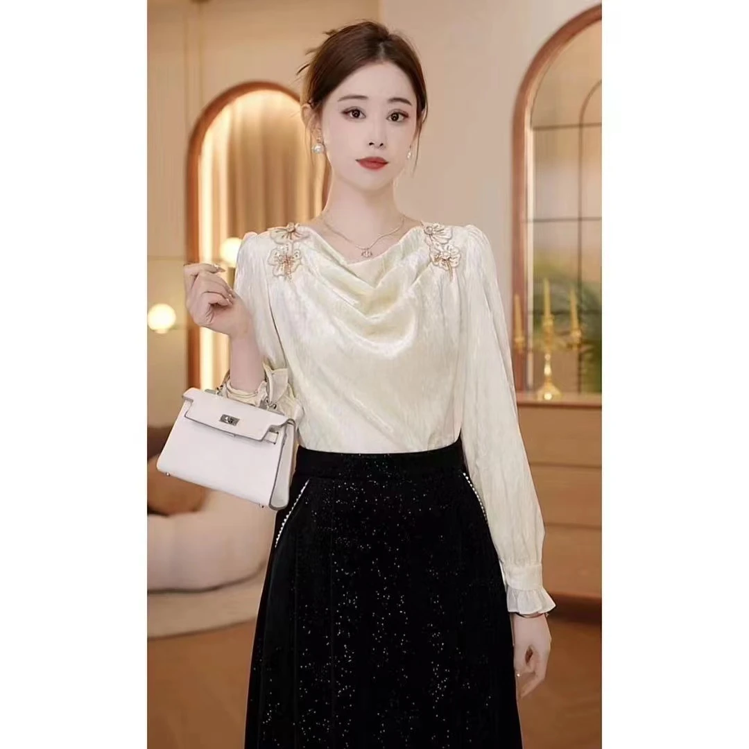 法式花朵拼接褶皱2024长袖衬衫新款冬秋时尚名媛气质上衣发货