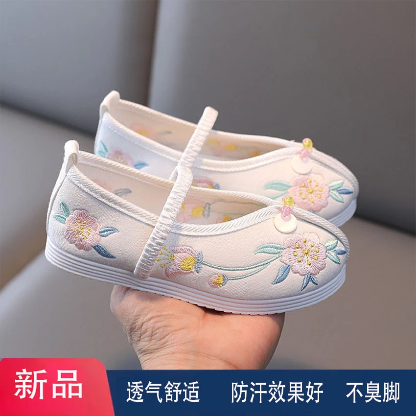 2024春季女童绣花鞋中国风软底儿童汉服鞋古装布鞋表演小白鞋透气
