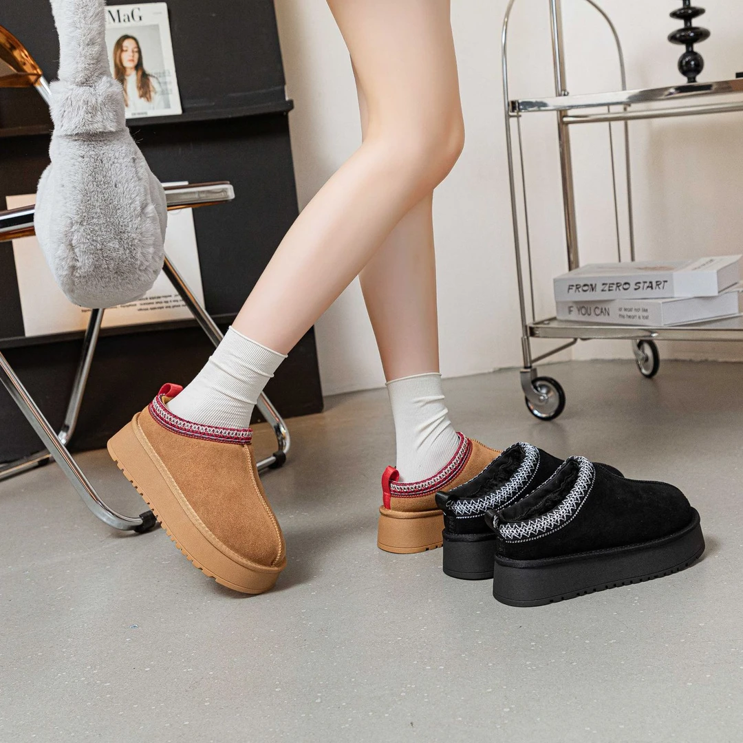 民族风包头半托棉鞋女厚底雪地靴加绒半包跟懒人鞋时尚百搭保暖