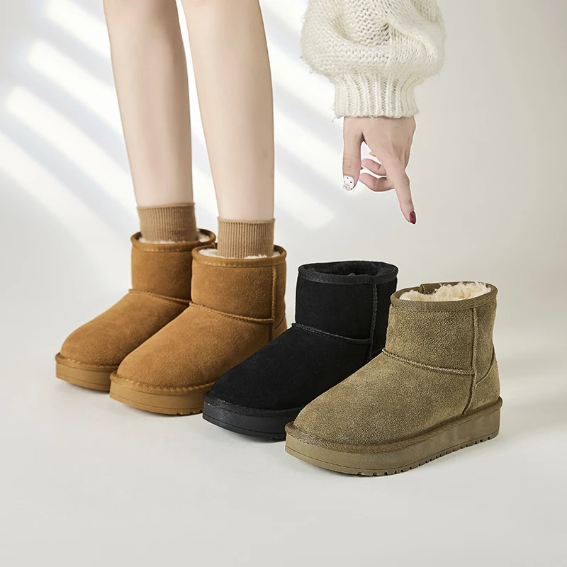 中筒牛皮雪地靴女士经典雪地靴冬季保暖中筒斜口女款棉鞋靴子