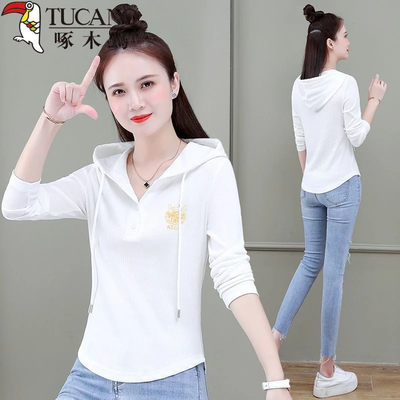 啄木鸟正品长袖T恤女薄款春秋2024年百搭连帽修身套头时尚打底衫