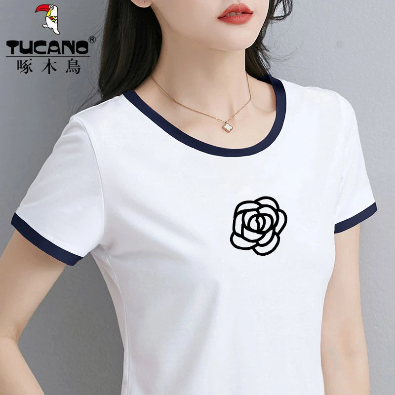 清仓捡漏啄木鸟外贸女装拼色圆领薄款t恤女百搭休闲显瘦印花上衣