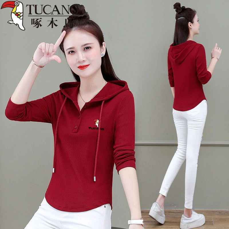 啄木鸟正品连帽卫衣长袖T恤外套女2024春秋新款休闲上衣修身上衣