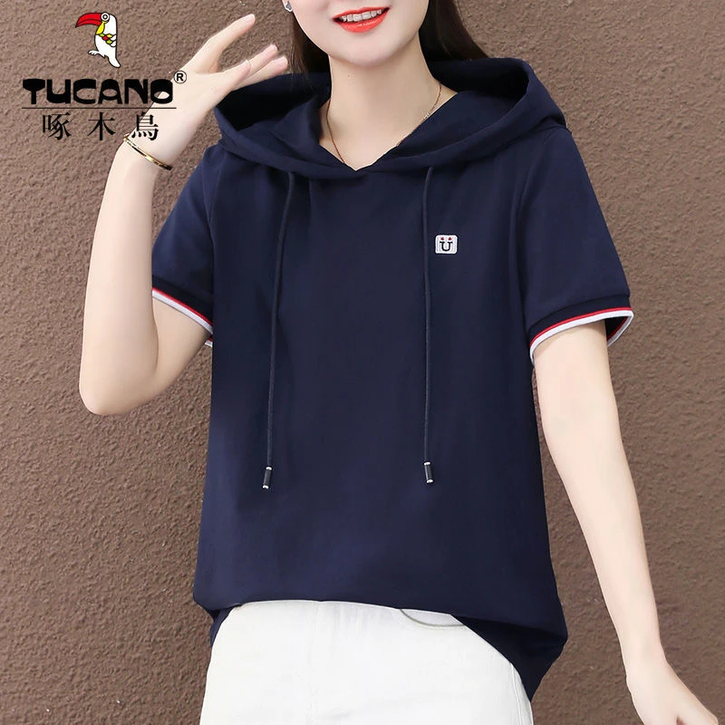 清仓捡漏爆款秒杀啄木鸟高档连帽短袖t恤女薄款宽松休闲套头上衣