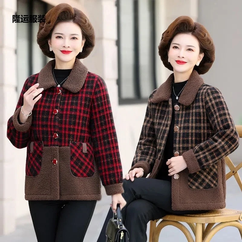 复合现货秋冬季加绒加厚中长款棉衣外套女仿仿羊羔绒流行印花大衣