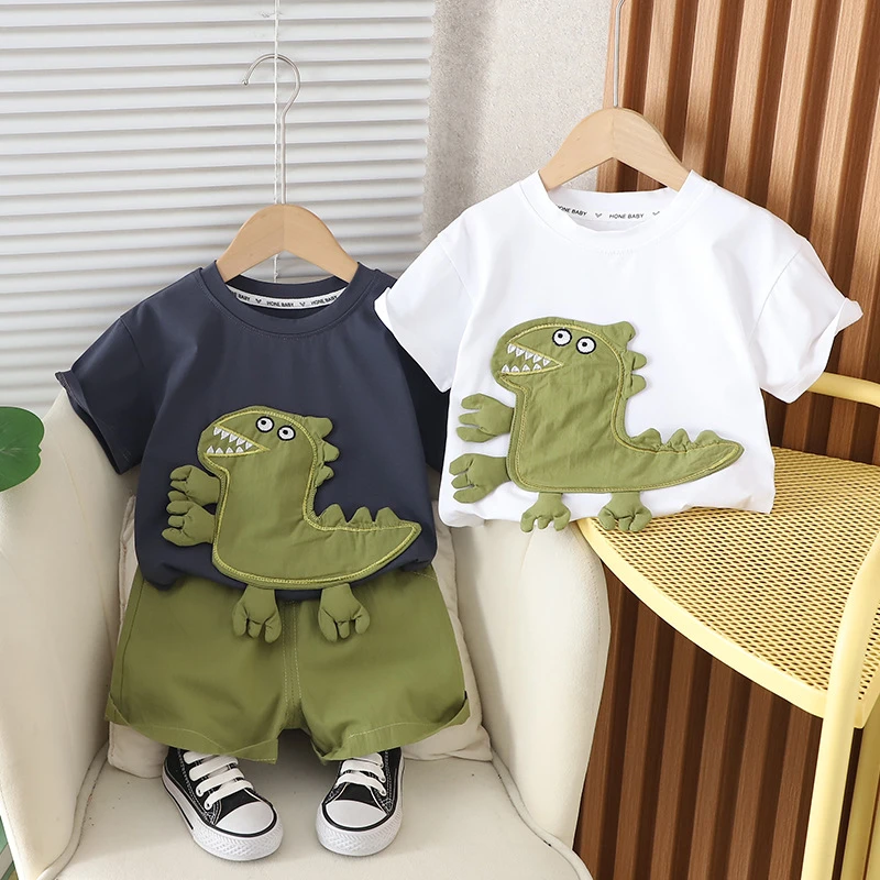 宝宝恐龙短袖套装2024夏季新款衣服帅气男童小童衣服薄款夏装套装