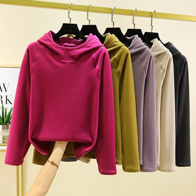 双面德绒保暖上衣女外穿打底衫休闲冬季连帽长袖T恤宽松套头卫衣