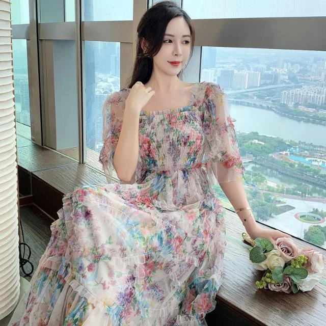 C373法式甜美小清新雪纺网纱碎花连衣裙