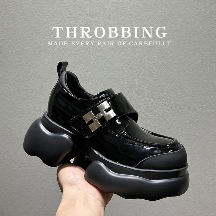 新款魔术贴轻便厚底真皮增高小皮鞋英伦风金属女鞋潮松糕底单鞋女