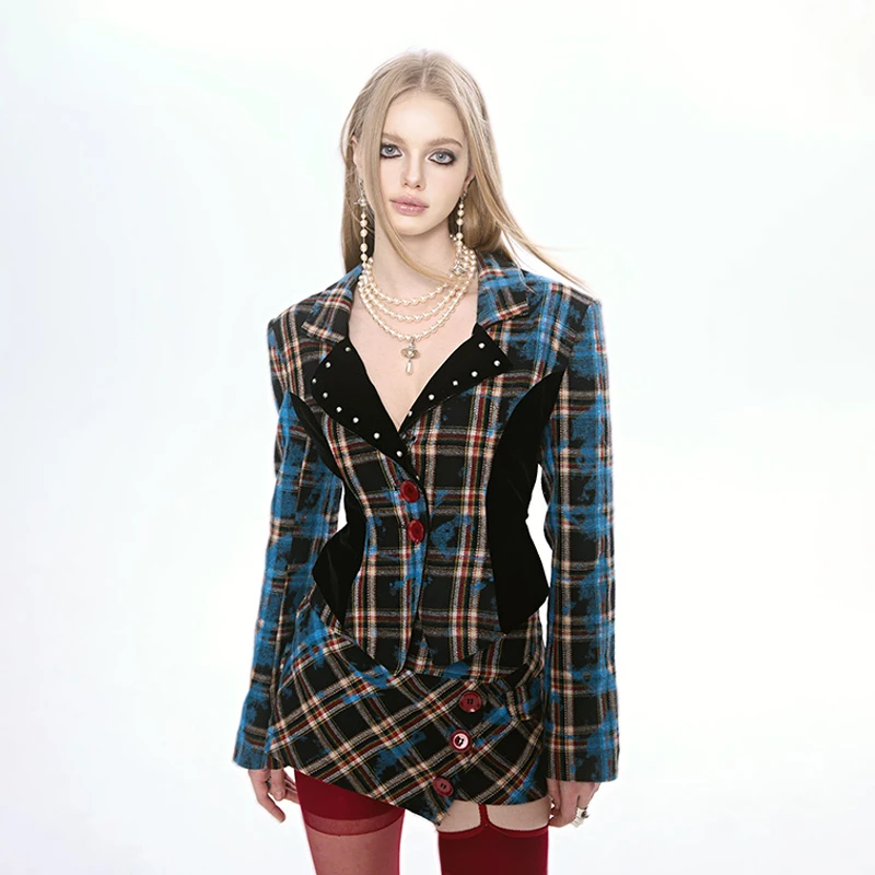 DIET GRRRL 2024SSS原创时尚蓝色格子纹呢西装短裙上衣