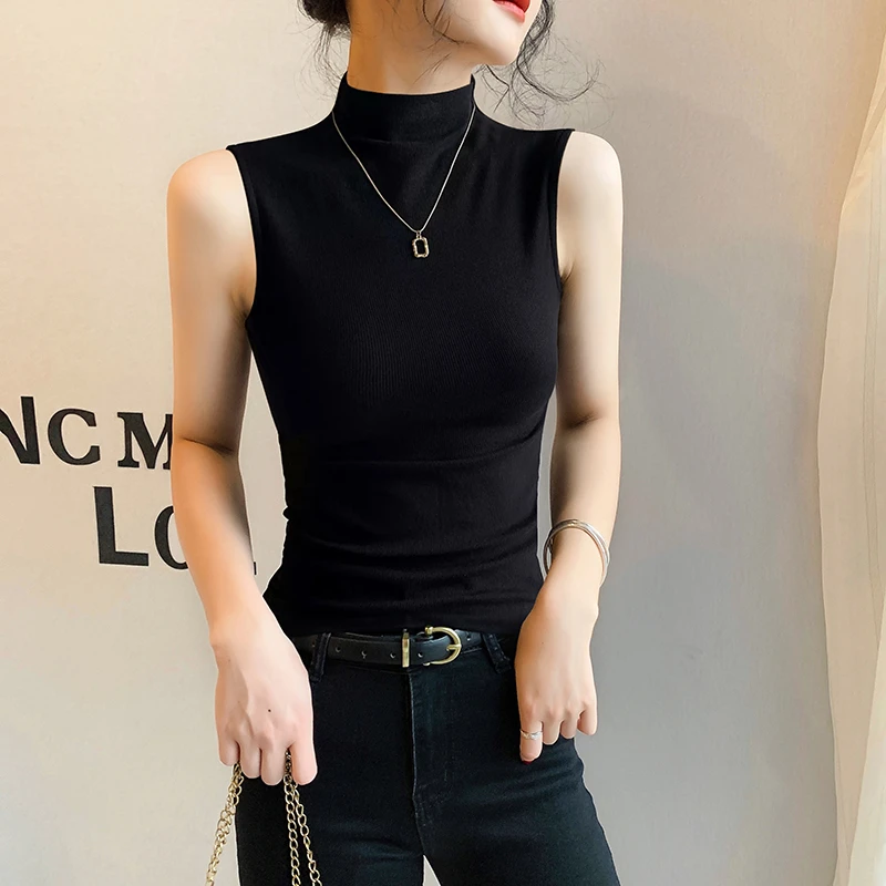 黑色螺纹针织半高领无袖背心女内搭2025年新款春夏外穿打底上衣潮
